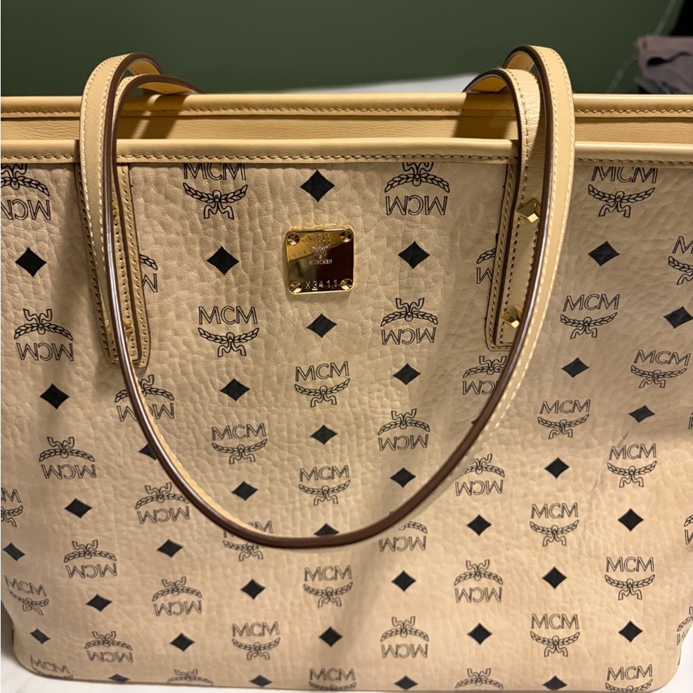 MCM Beige Logo Print Tote with Light Tan Trim and Gold Plaque